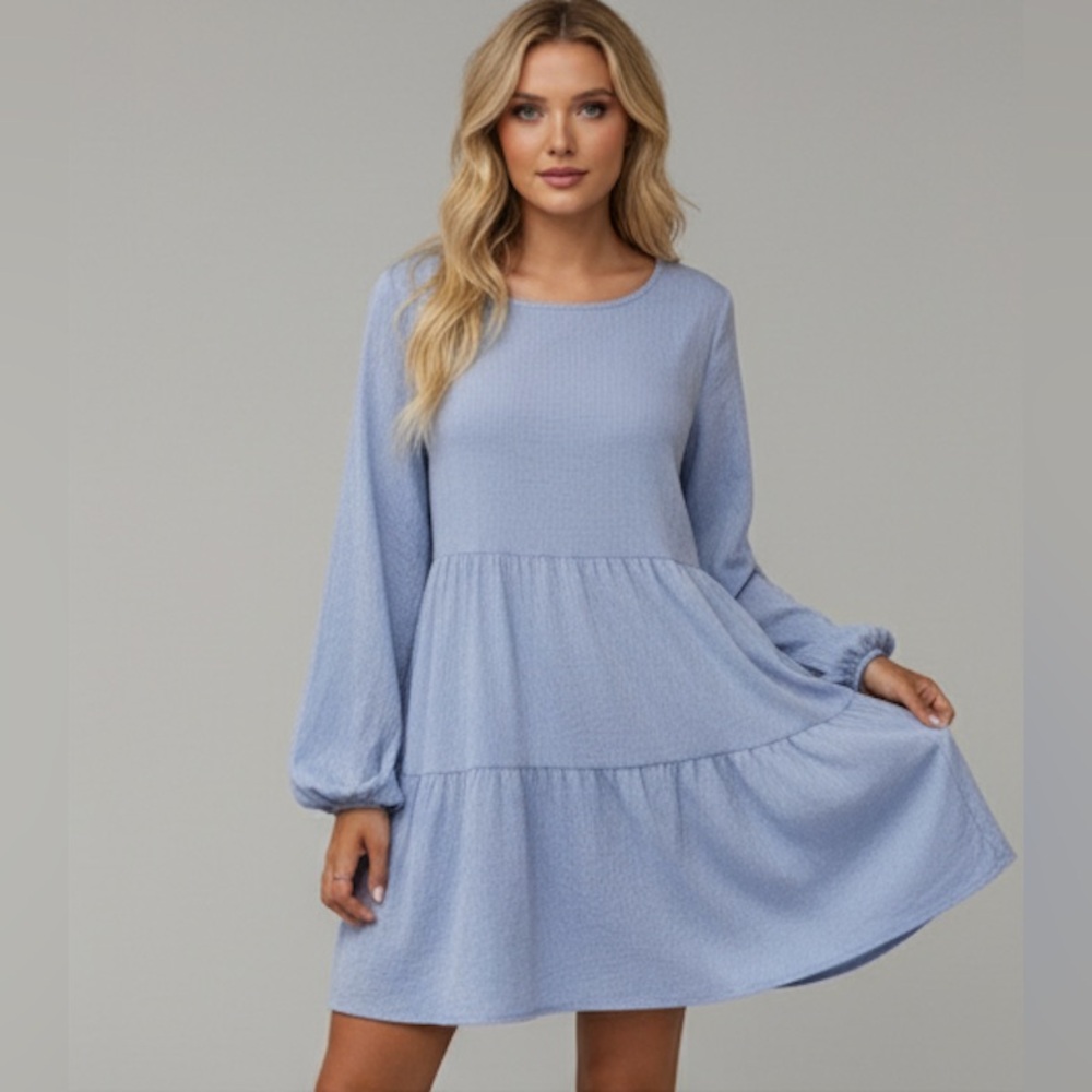 Blue Striped Lantern Sleeve Ruffle Hem Smock Dress